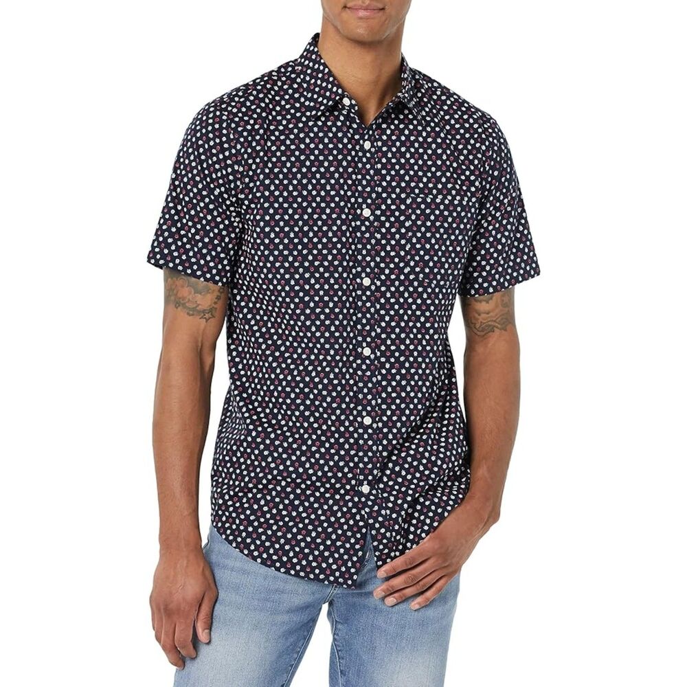 NEW NWT Mens Sz XL Slim Dark Blue Floral Button Up Shirt AMAZON ESSENTIALS